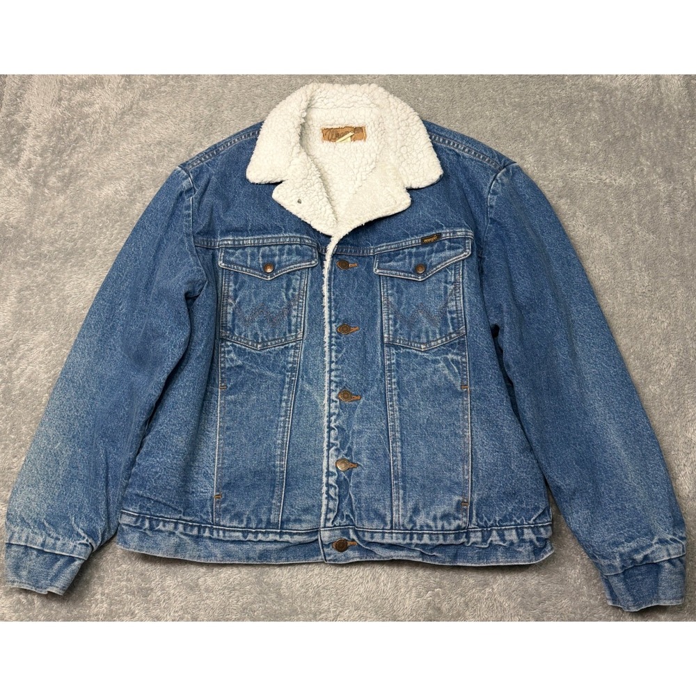 Vintage 80s Wrangler Jacket Mens XL Blue Denim Sherpa Lined Western Made in USA